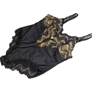 Black and Gold Lace V-Neck Bodysuit with Adjustable Straps Size Medium
